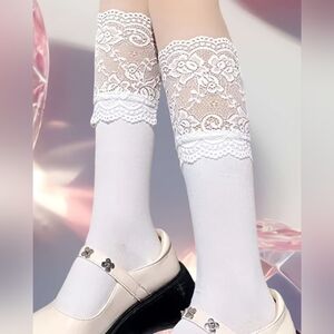 Lolita Style White Color Lace Ruffle Lower Calf High Socks Frilly Sheer Lace Top